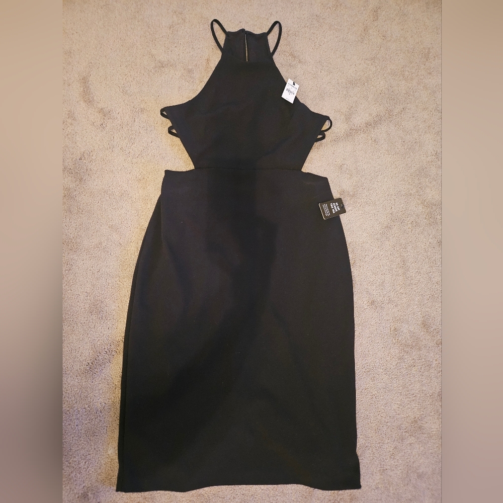 Express Brand Women's Black Halter Dress. Cut Out Sides.  Mid Knee Length.